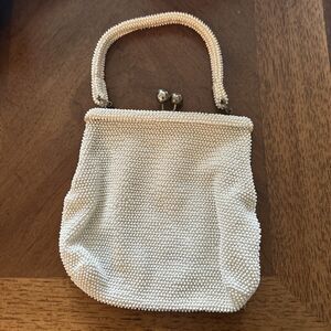 Vintage Ivory  Bead Bag Purse Kiss Lock Wedding Handbag 1950s